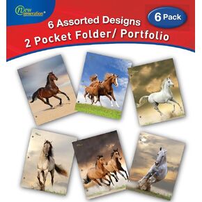 New Generation - Horses - 2 Pocket Folders/Portfolio 6 Pack Letter Size with 3 Hole Punch to use with Your Binder Heavy Duty Glossy Finish UV Laminated Folder - Assorted 6 Fashion Design (6 Pack)