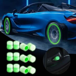 12Pcs Universal Fluorescent Car Tire Valve Caps, Luminous Tire Air Valves Stem Caps, Glow in The Dark, Suitable for Most Automotive, Motorcycles and Bicycles (Blue, Cylindrical)