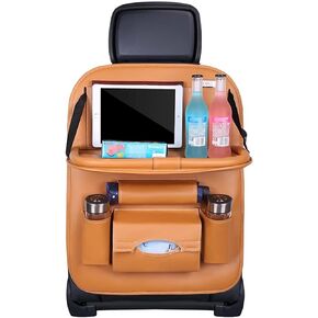 Car Seat Back Organizer with Foldable Table Tray PU Leather Storage Organizer with Pockets Kick Mats Seat Protectors Interior Accessories For Men Women Travel 1PCS Beige