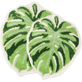 Green Leaf Bath Mat for Bathroom, Cute Non Slip Monstera Shaped Plush Tufted Rug, Soft Absorbent Washable Small Floor Mat Carpet Fun Bathroom Tub Shower Rugs, 21"x25" in Saudi Arabia