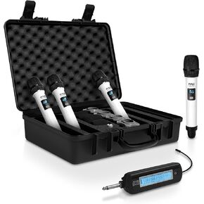 Pyle 4 Channel Wireless Microphone System, Portable UHF Band Receiver System, Independent Channel Controls, RF Signal LCD Indicator, Digital Audio Microphone Set with 4 Handheld Microphones (Green)