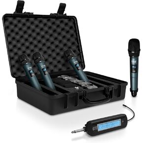 Pyle 4 Channel Wireless Microphone System, Portable UHF Band Receiver System, Independent Channel Controls, RF Signal LCD Indicator, Digital Audio Microphone Set with 4 Handheld Microphones (Green)