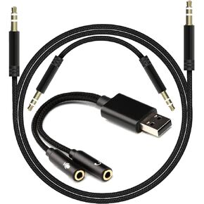 USB to Dual 3.5mm Audio Jack Adapter, Mic-Supported Headphone Adapter for Two Headphones, Speakers to Laptop, with 3-Pole 3.5mm Jack Audio Cables (20cm&100cm) [3 Pack], Black