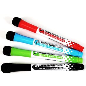 Glassboard Studio Fine Tip Dry Erase Assorted Colored Markers with Magnetic Eraser Cap and Low Odor Ink for White Boards at School, Work, or Home - Includes Black, Red, Green, & Blue (4-Pack)