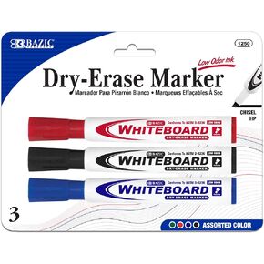BAZIC Dry Erase Marker Assorted Color Chisel Tip, Whiteboard Pen Marcador, Low Odor Markers White Board Pens, Office School Supplies (3/Pack), 1-Pack