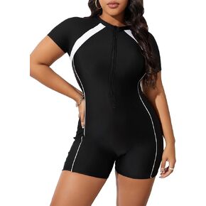 MakeMeChic Women's Plus Size One Piece Swimsuit Short Sleeve Zipper Front Shorts Bathing Suit