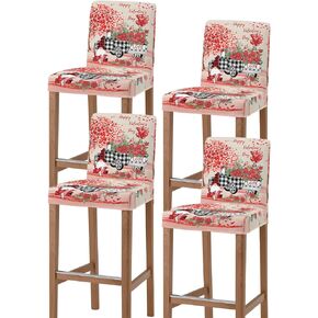 QueenKer Bar Stool Covers with Backs, Stretch Bar Stool Chair Cover Happy Valentine's Day Bufflo Plaid Truck with Flowers Washable Counter Stool High Chair Covers for Pub, Dining Room, Cafe, Set of 2