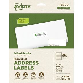 Avery EcoFriendly Recycled Address Labels, 1" x 2-5/8", White, Permanent Label Adhesive, 750 Printable Labels (48160)
