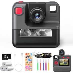 Kids Camera Instant Print, Christmas Birthday Gifts for Girl Boys 3-12 Years Old, FHD Selfie Digital Video Cameras Toddler 3 Rolls Print Paper & 32G Card (Blue)