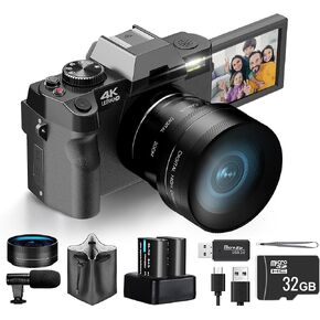 4K Vlogging Digital Camera with 180° Flip Screen, WiFi, Macro & Wide Angle Lens, App Control, External Microphones, 16X Zoom, 32GB TF Card - Camera for Photography, Vlogging, YouTube