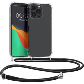 حافظة kwmobile Crossbody متوافقة مع حافظة iPhone 15 Pro - غطاء هاتف شفاف من مادة TPU مع حزام حبل - شفاف/أسود