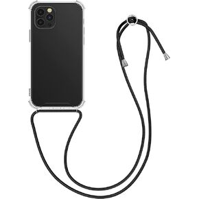 حافظة kwmobile Crossbody متوافقة مع حافظة Apple iPhone 12 Pro Max - غطاء هاتف شفاف من مادة TPU مع حزام حبل قصير - أسود/شفاف
