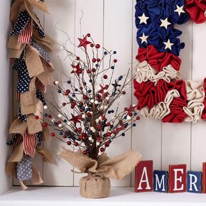 Red Berry & Star Table Tree for 4th of July Artificial Tree & Flower for Centerpiece Featured Burlap Base Farmhouse Patriotic Table Top Decoration for Independence Day/Veterans Day in Kuwait