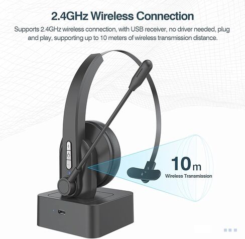 سماعات رأس لاسلكية بتردد 2.4 جيجا هرتز، سماعة رأس على الأذن مع ميكروفون ENC للحد من الضوضاء وعصابة رأس قابلة للتعديل للتحكم في مستوى الصوت مع قاعدة شحن in Kuwait