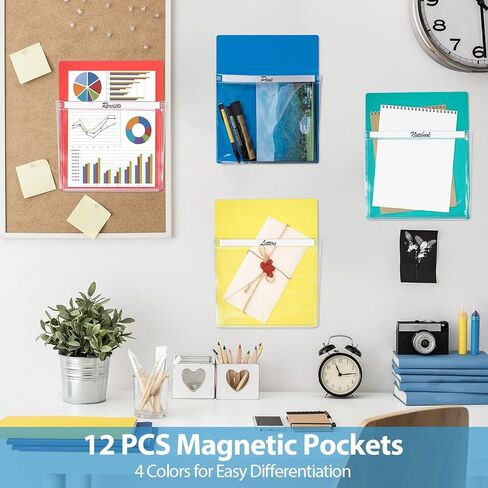 jxgzyy 12 جهاز كمبيوتر شخصي جيوب مغناطيسية PVC المجلدات المغناطيسية الملونة حامل الورق المغناطيسي مع مخطط جيب واضح تخزين البريد حامل الملفات المغناطيسي لخزانة الثلاجة السبورة الحقائب المغناطيسية in Kuwait