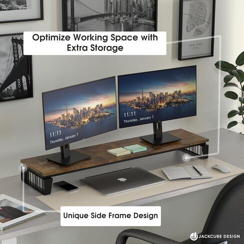 J JACKCUBE DESIGN حامل شاشة مزدوج بطول 42 بوصة سطح مكتب كمبيوتر من الخشب والفولاذ الريفي، شاشة تلفزيون وشاشة كمبيوتر محمول، حامل لوحة مفاتيح للكمبيوتر المحمول، منظم مريح لسطح المكتب لملحقات المكتب- MK881A in Saudi Arabia