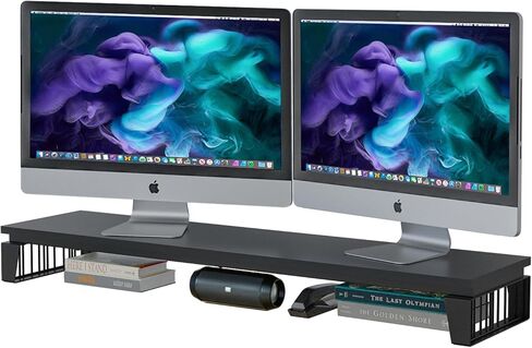 J JACKCUBE DESIGN حامل شاشة مزدوج بطول 42 بوصة سطح مكتب كمبيوتر من الخشب والفولاذ الريفي، شاشة تلفزيون وشاشة كمبيوتر محمول، حامل لوحة مفاتيح للكمبيوتر المحمول، منظم مريح لسطح المكتب لملحقات المكتب- MK881A in Saudi Arabia