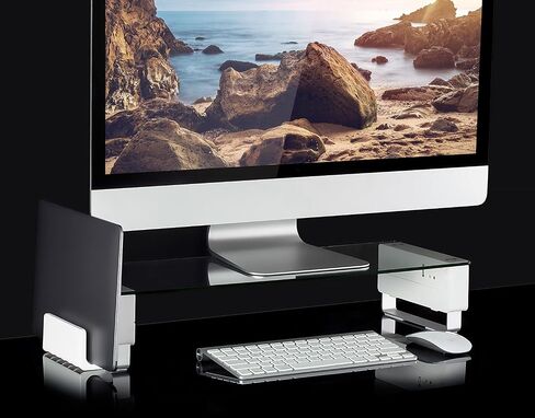 تركيبها! حامل شاشة زجاجي مع 5 منافذ USB | رف مكتبي مريح مع حامل كمبيوتر محمول عمودي | يناسب 24، 27، 30، 32 بوصة، سعة 66 رطلاً in Saudi Arabia