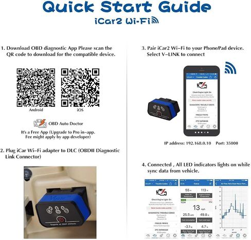 Vgate iCar2 Wi-Fi Adapter OBD2 Scanner Scan Tools Check Engine Light Car Diagnostic Tool for iOS & Android, Auto Sleep (Black) in Kuwait