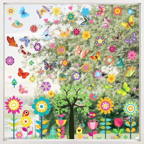 ملصقات نافذة زنبركية، Hianjoo 9 ورقات 148 قطعة نافذة طيور فراشة زهرة لاصقة مزدوجة الجوانب قابلة لإعادة الاستخدام لتزيين نوافذ عطلة الربيع وملصقات نافذة الربيع ديكور للنوافذ الزجاجية للغرفة والمكاتب in Kuwait