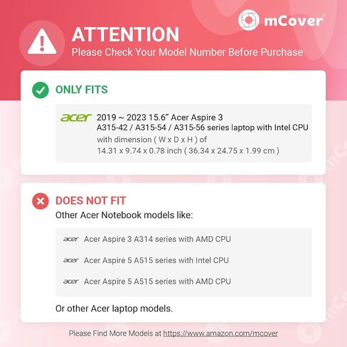 حافظة mCover متوافقة فقط مع أجهزة الكمبيوتر المحمول Acer Aspire 3 A315-42 / A315-54 / A315-56 Series 2019~2023 مقاس 15.6 بوصة (مع وحدة المعالجة المركزية Intel) (لا تناسب موديلات Acer الأخرى) - شفاف in Kuwait