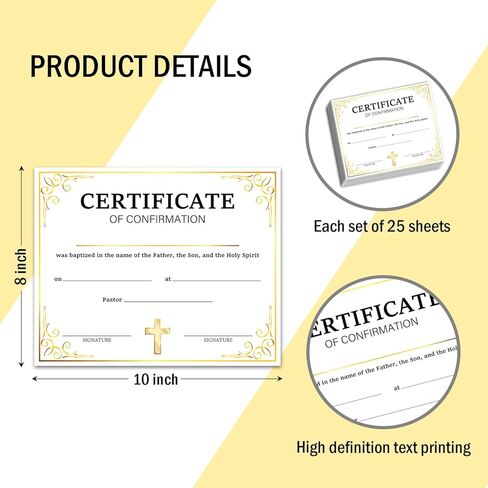 25 شهادة تأكيد ديني، شهادات معمودية لتعميد الكنيسة، هدايا تقدير لتكريس الطفل الكاثوليكي، ورقة شهادة تكريس الطفل، 8 × 10 بوصة (ذهبي) - DH142 in Kuwait