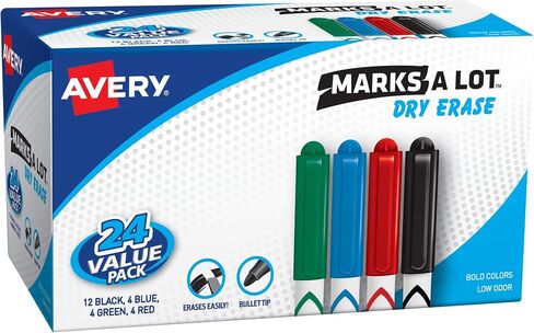 AVERY Marks A Lot علامات مسح جافة، علامات لوحة بيضاء منخفضة الرائحة مع طرف رصاصة، 6 ألوان متنوعة (24481) in Saudi Arabia