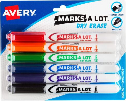 AVERY Marks A Lot علامات مسح جافة، علامات لوحة بيضاء منخفضة الرائحة مع طرف رصاصة، 6 ألوان متنوعة (24481) in Saudi Arabia