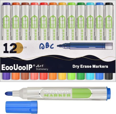 EooUooIP علامات المسح الجاف ذات رأس رصاصة، علامات السبورة البيضاء، المسح الجاف، 12 لونًا متنوعًا علامات السبورة البيضاء منخفضة الرائحة، علامات المسح الجاف الملونة، اللوازم المدرسية والمكتبية in Kuwait