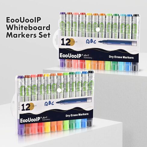 EooUooIP علامات المسح الجاف ذات رأس رصاصة، علامات السبورة البيضاء، المسح الجاف، 12 لونًا متنوعًا علامات السبورة البيضاء منخفضة الرائحة، علامات المسح الجاف الملونة، اللوازم المدرسية والمكتبية in Kuwait