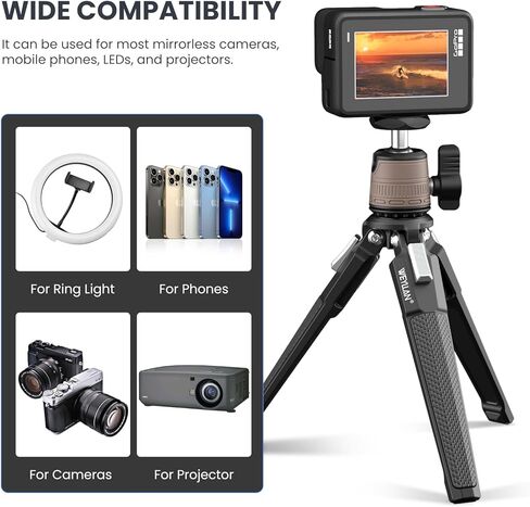 حامل ثلاثي صغير لسطح المكتب DT3، حامل ثلاثي معدني صغير على سطح الطاولة مع رأس كروي صغير بانورامي قابل للفصل 360 درجة وحامل مشبك تثبيت للهاتف لكاميرا iPhone وإضاءة حلقة لجهاز العرض، أقصى حمولة 3 كجم in Kuwait