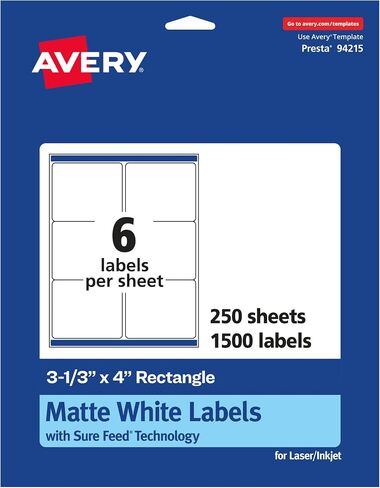 Avery Matte White Rectangle Labels with Sure Feed, 3-1/3" x 4", 1,500 Matte White Printable Labels in Saudi Arabia