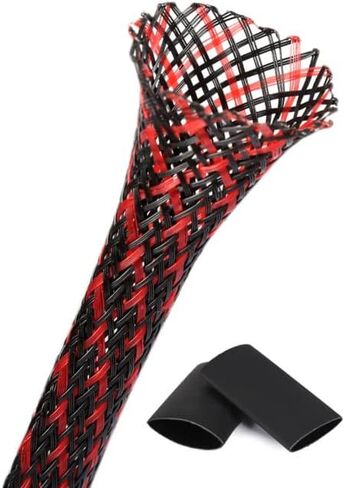 Cable Sleeves - PET Expandable Wire Loom 1/2"-25ft, Braided Wire Hider Mesh, Cord Management Organizer for USB Power Video Cable, Flexible Wrap Cover w/Heat Shrinkable Tubes, Black&Red in Kuwait