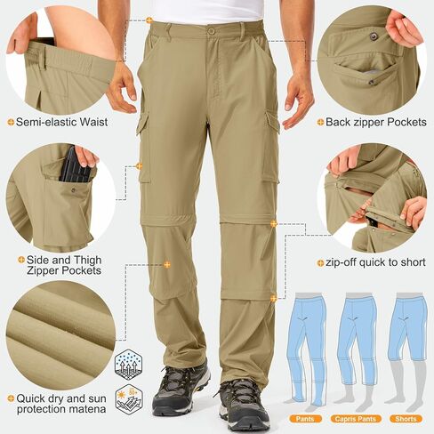 Mens Hiking Pants Convertible Quick-Dry-Stretch-Lightweight Zip-Off Outdoor Waterproof Safari Scouts Fishing Pants with deep Pockets,6077,Khaki,36 in Saudi Arabia