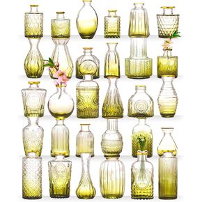 Premium Heirloom Hills Budships for Home Decor ، مجموعة مزهرية زهرة زجاجية صافية من 30 مع حافات ذهبية مرسومة يدويًا ، مزهريات صغيرة للقطاعات المركزية وزينة الزفاف (Clear ، مجموعة من 30)