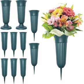 10PCS Grave Flower Holder, 4PCS Large Cemetery Vases for Grave with Base, 6PCS Memorial Floral Vases with Spikes for Ground Lawn