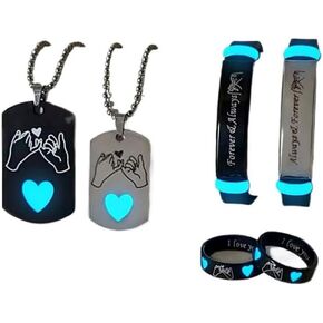 6-Piece Set Glowing Heart Crown His King Her Queen Stainless Steel Couple Necklace Ring Fashion Love Gift