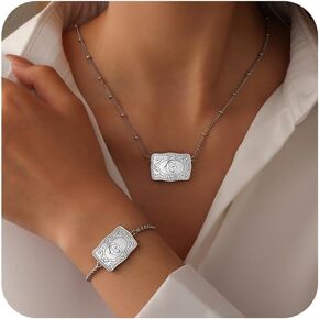 2 Pcs Gold Silver Initial Necklace Bracelet Set for Women, 18K Gold Plated Belt Buckle Initial A-Z Necklace Bracelet Set, Unique Western Style Jewelry Gifts for Women