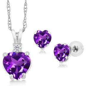 Gem Stone King 14K White Gold Purple Amethyst Pendant and Earrings Jewelry Set For Women (2.53 Cttw, Gemstone Birthstone, Heart Shape 8MM and 5MM, With 18 Inch Chain)