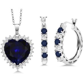 Gem Stone King Blue الياقوت الأزرق الأقراط والأزرق الذي تم إنشاؤه من الياقوت Love Halo قلادة في 925 Sterling Silver | قلادة القلب | مع سلسلة فضية مجانية 18 بوصة | مجموعة المجوهرات