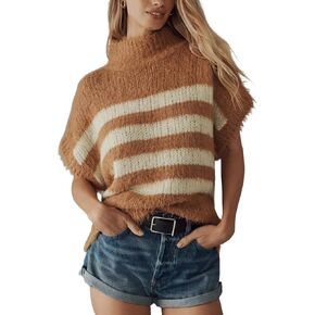 Lentta Women Women's Mock Neck Short Sweate Sweater Step مخططة متماسكة أعلى كاب غلاف غير رسمي سترة شحمة