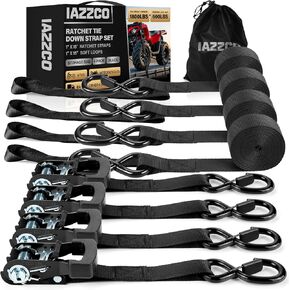 Ratchet Straps with Hook - 1 Inch x 15 Feet (1800 LB Break Strength) Heavy Duty Tie Down Straps with Safety S Hooks & Soft Loops, for Trucks, Cargo, Moving and Appliances（Black/4 Pack）