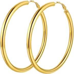 Stainless Steel Chunky Hoop Earrings For Women, Minimalist and Chic, Black/Gold Plated, Round Hoops Earrings Hypoallergenic, Size: 30mm/40mm/60mm/80mm, Come with Box