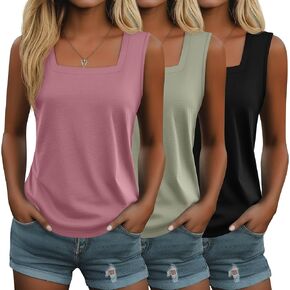 Huukeay 3 Pack Summer Women's Tank Tops Cotton Sleeveless Shirt Loose Fit Square Neck Tank Top with Side Slits in Saudi Arabia