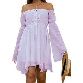Womens Off Shoulder Dress Bell Sleeve Lace-Up Chiffon Casual Party Mini Fairy Dresses