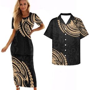 Samoa Couple Outfit Polynesian Dress for Women Traditional Puletasi Shirts for Men Beach Lava Lava Luau