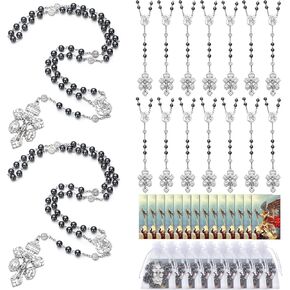 16 Set Catholic Rosary Necklace Set Hematite Stone Black Bead Rosary Cross with Pardon Crucifix Necklace St Benedict Prayer Card and Bag for Regalos Cristianos Rosarios Catolicos Para Hombre