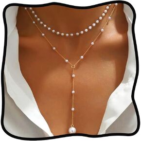 Urieo Pearl Lariat Necklace for Women Gold Choker Necklaces Dangling Drop Pendant Necklace