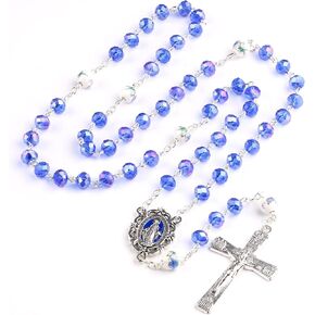 Catholic Town Virgin Mary centerpiece medal rosary with 6 * 8mm Blue Crystal Beads (CTRMM68CB-BLU)