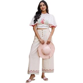 Yash Gallery Women's Beige Cotton Printed Crop Top Palazzo Set For Summer